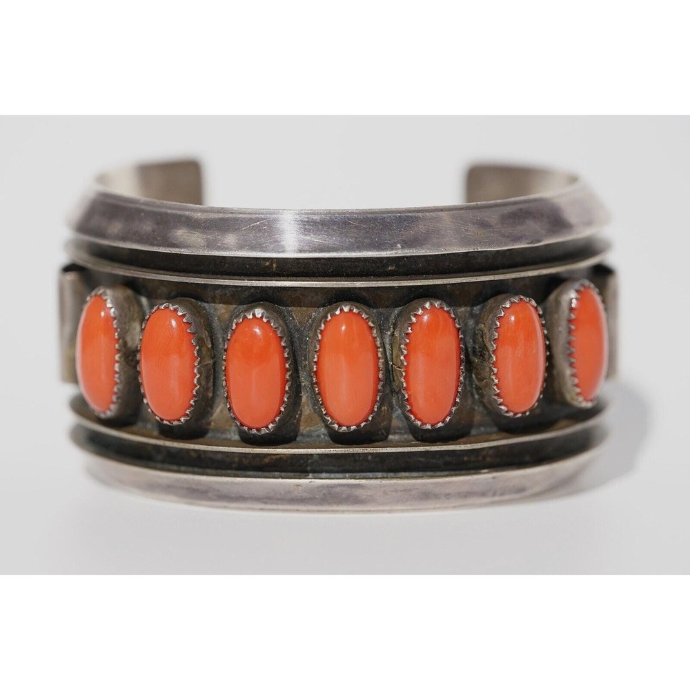 Old Pawn Native American Indian Sterling Silver Coral Cuff Bracelet - Heavy - Picture 2 of 9